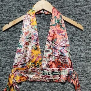 Willow + Root Boho Halter Satin Paisley Top Womens S Pink Cropped Patchwork